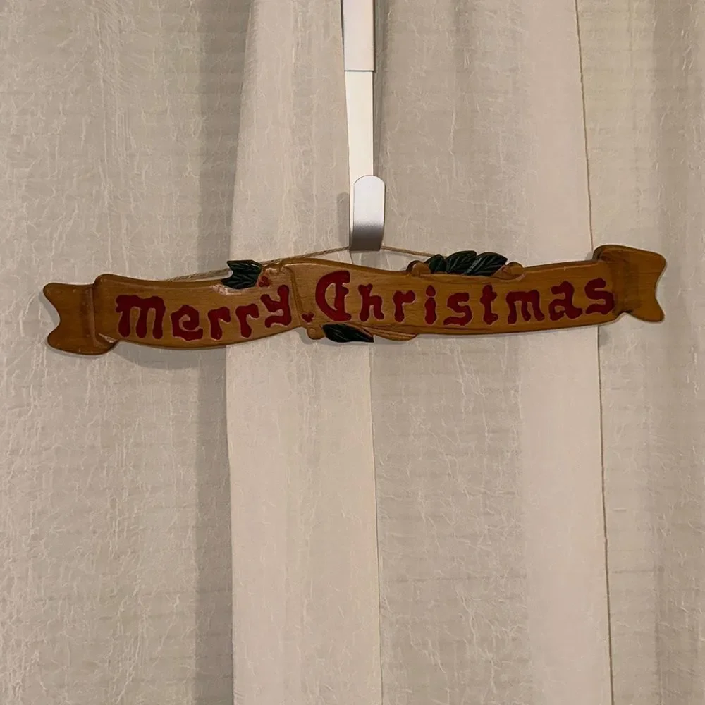 Vintage Handmade Chiseled Wood “Merry Christmas” Sign Tan Red Green